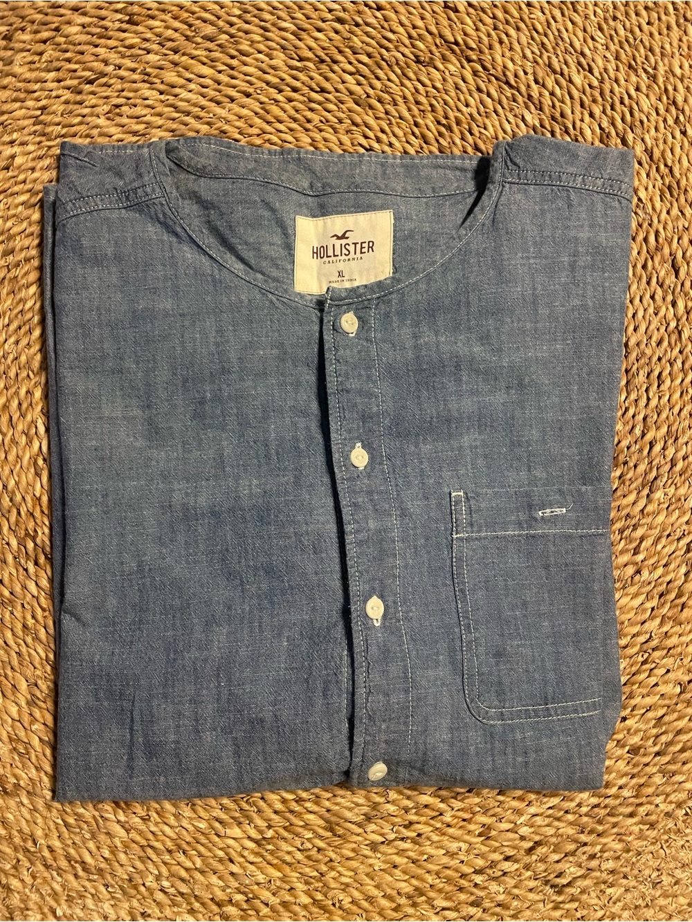 Hollister Men's Light Blue Henley Chambray Shirt